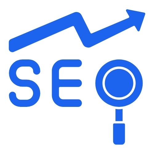 Pictogramme SEO, avec une loupe et une flèche pour symboliser l'évolution positive